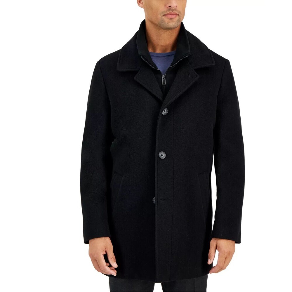 NWT Calvin Klein Mens Regular fit Overcoat Coat 48XL Black Navy Wool Blend